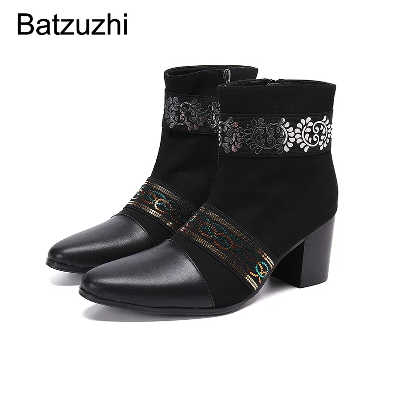 

Batzuzhi 7.5cm High Heels Boots Men Pointed Toe Black Suede Leather Ankle Boots Men Zip Motorcycle Botas Hombre, Big Size US6-12