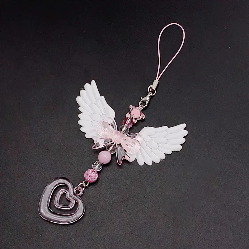 Novas lindas asas arco coração alça móvel pingente de telefone corrente para meninas mulheres doce chaveiro sacos acessórios decorativos presentes