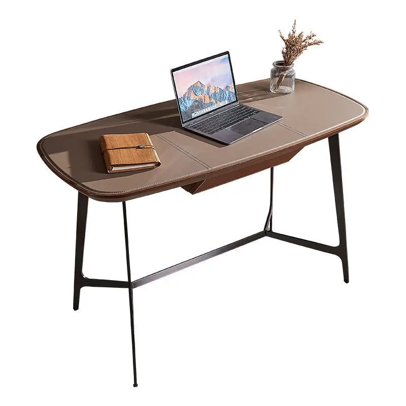 Modern simple student desk stainless steel saddle leather computer home office table Internet celebrity solid