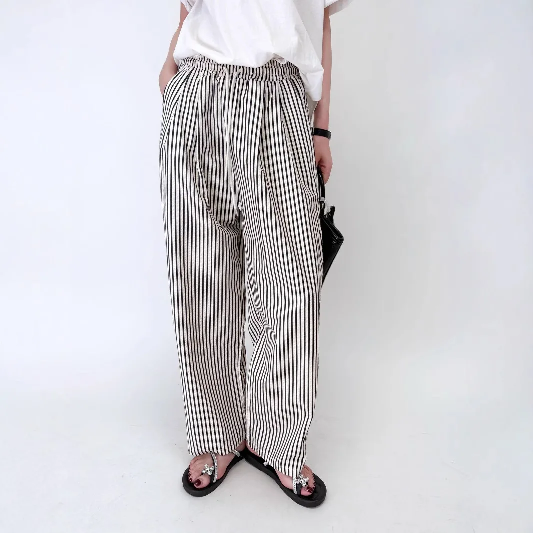 Color Block stripes wide leg pants high waist Drawstring long pants Loose pocket trousers for women