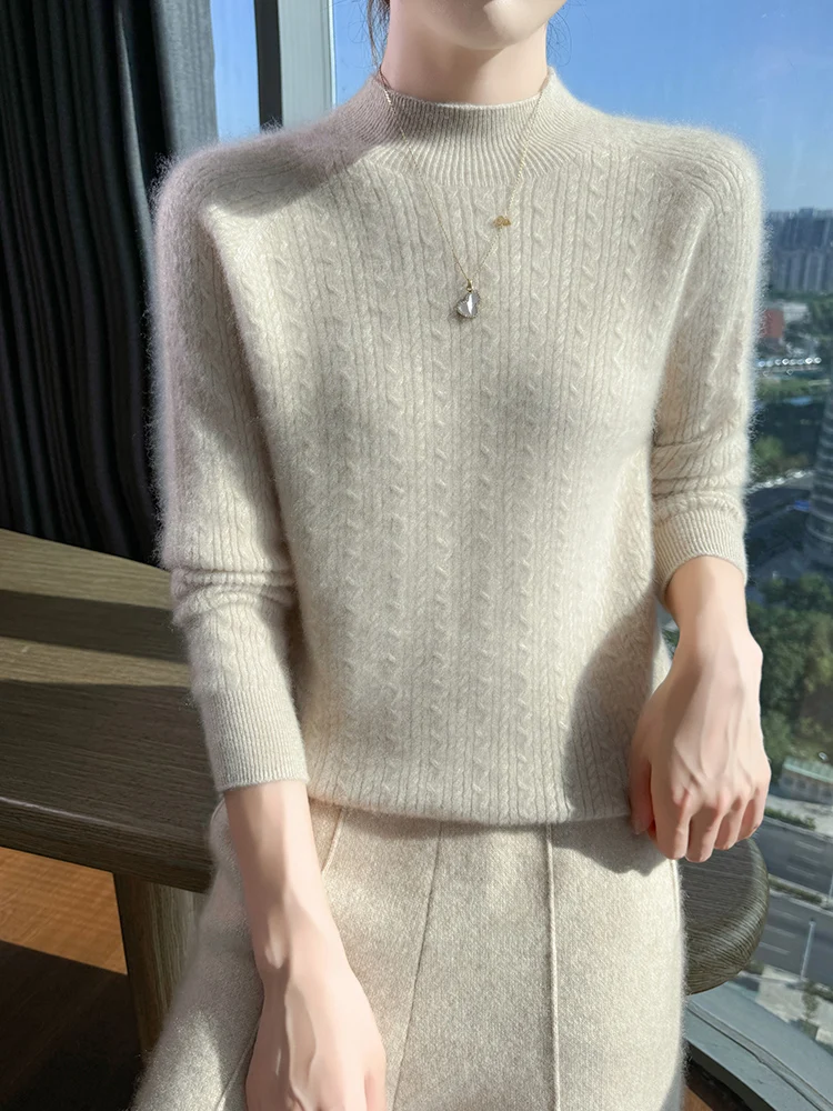 

Basic Pullover Knit Autumn Winter Sweater Women's 100% Merino Wool Sweater Mock Neck Commuting Twist Flower Inside Join Clothes