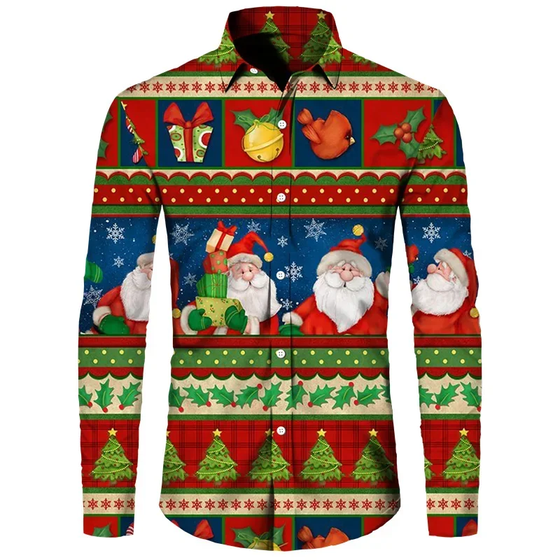 Camisa hawaiana de árbol de Papá Noel con tema navideño para hombre, Tops informales Vintage con estampado de flores en 3d, ropa de manga larga para vacaciones Y2k