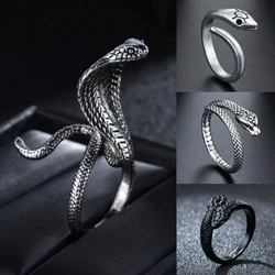 2023 New Trendy 3D Snake Ring Cobra Shaped Retro Punk Exaggerated Open Ring Black and Silver Color Adjustable Jewelry Gift