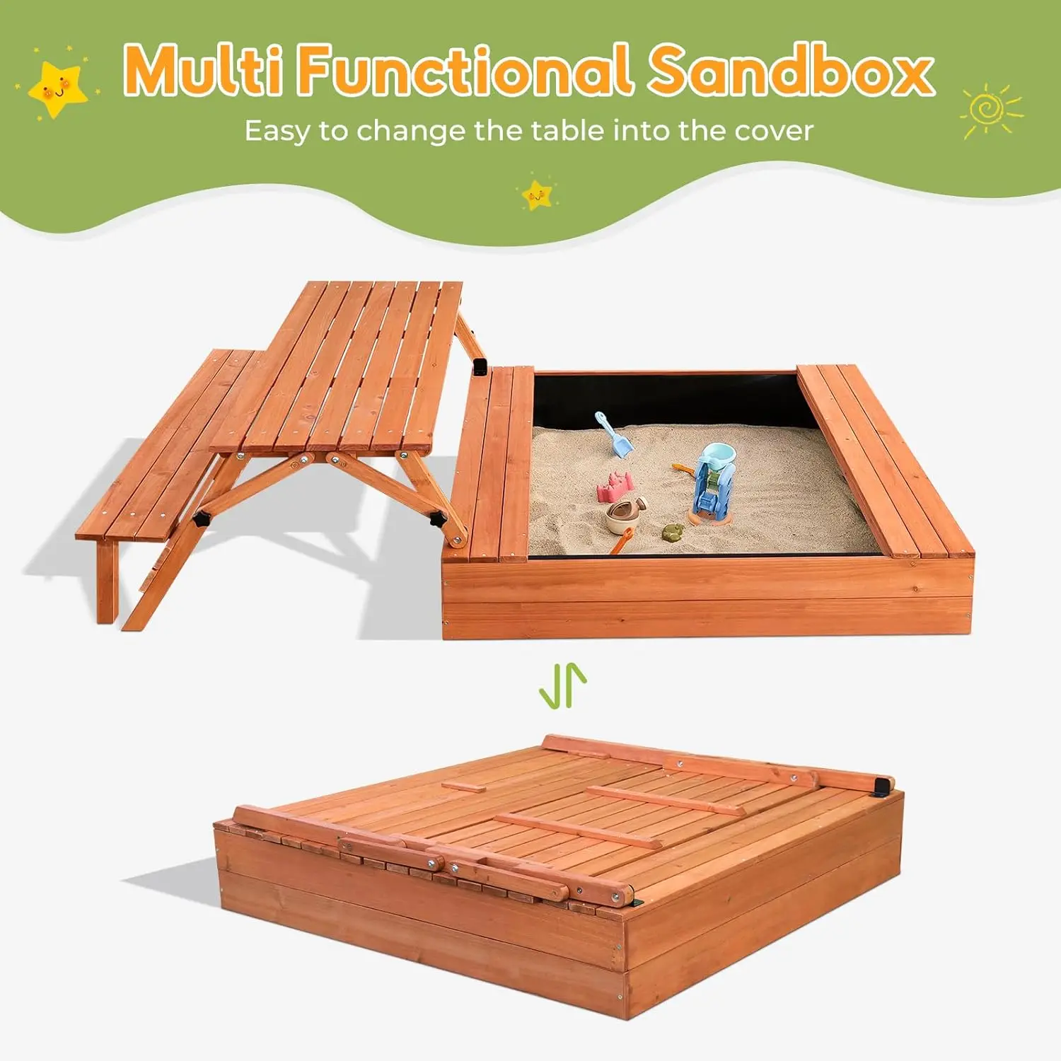 접이식 피크닉 테이블 및 좌석 포함 샌드박스, 뚜껑이 달린 나무 어린이 샌드박스, 어린이 모래 상자, 모래 보호 커버 포함, 어린이 Ou