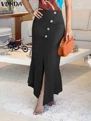 VONDA Elegant Women Fishtail Skirts 2024 Summer High Waist Long Skirt Fashion Slit Ruffled Bottoms Casual Solid Color Midi Skirt