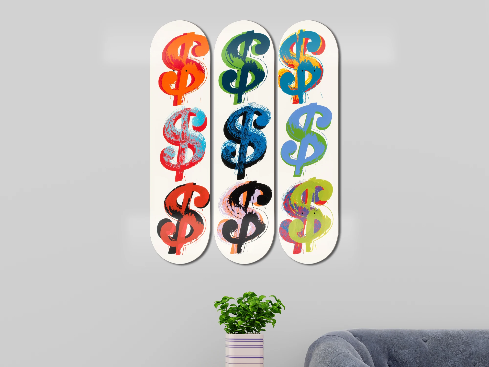 Pop Art Dollar Sign Skate Deck Wall Art, Multicolor Graffiti Dollar Symbol 3 Panel Skateboard Wall Decor