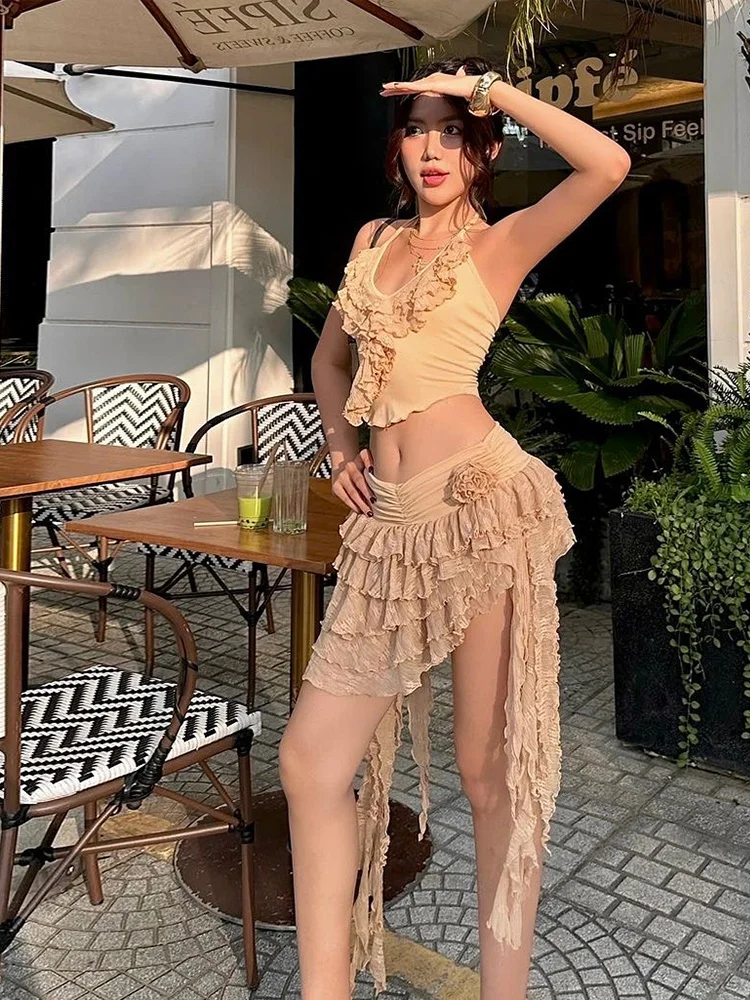 

Weird Puss Летний комплект из 2 предметов для женщин Y2K Trend Шикарный костюм на шнуровке с низким воротом и многоуровневым кружевным воротником Мини-топы + юбка с кисточками Костюм с нерегулярным подолом