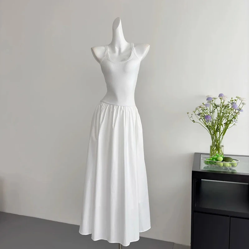 ฤดูร้อน Hepburn สไตล์ Camis ชุดผู้หญิงเกาหลีเซ็กซี่ U คอ Midi ชุด Y2K เอวสูง Patchwork Night Party Vestidos