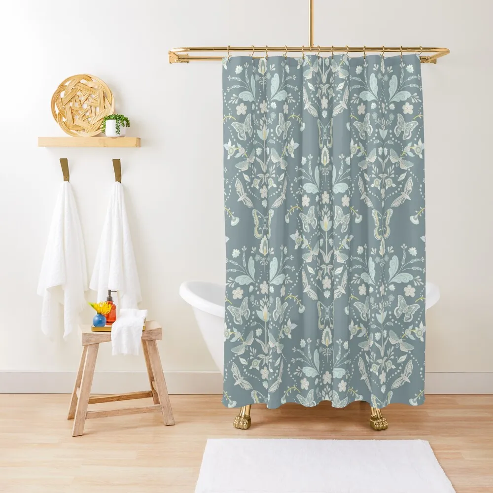 

Swedish Moth Damask in Neutral Grays and Blues Shower Curtain Bathtub For Shower Bathroom Accessory Shower Set Curtain