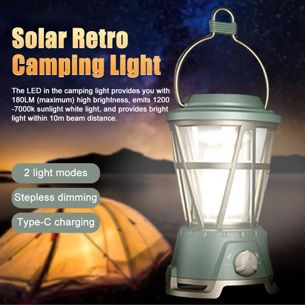 Portable Retro Tent Lights Solar+Type-C Rechargeable Outdoor Waterproof Lightweight Camping Lantern Flame Atmosphere Horse Light