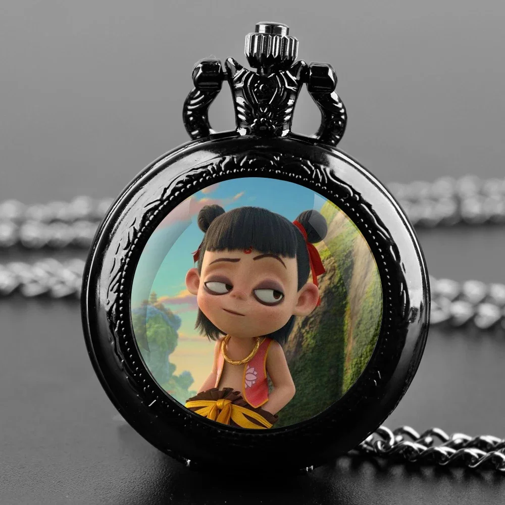 Hot Anime Nezha Glass Dome Pocket Watch with Chain Necklace Vintage Quartz Pendant Watches Mens Women Gift