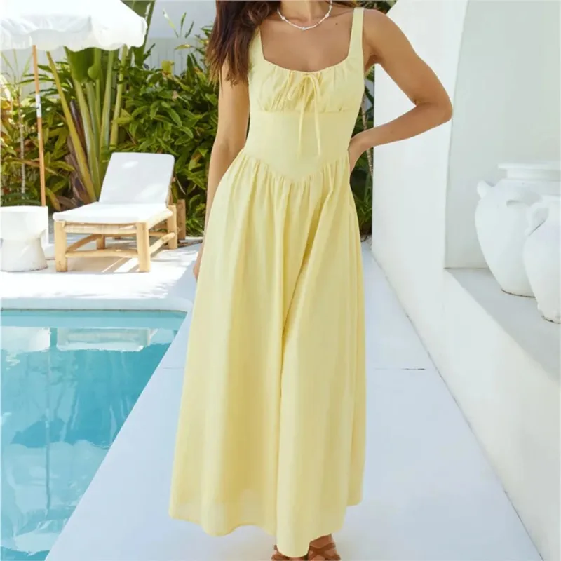 

Elegant Long Dress For Women Lace Up Sleeveless Square Neck Dresses 2025 New Summer Chic Casual Simple Vacation Beach Midi Dress