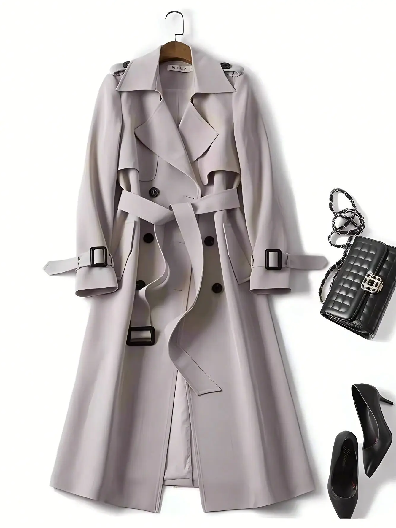Autumn and Winter Women's Trench Coat, Mid-Length, Fitted, Commuter Fashion, Double-Breasted, with Belt, Lapel Collar