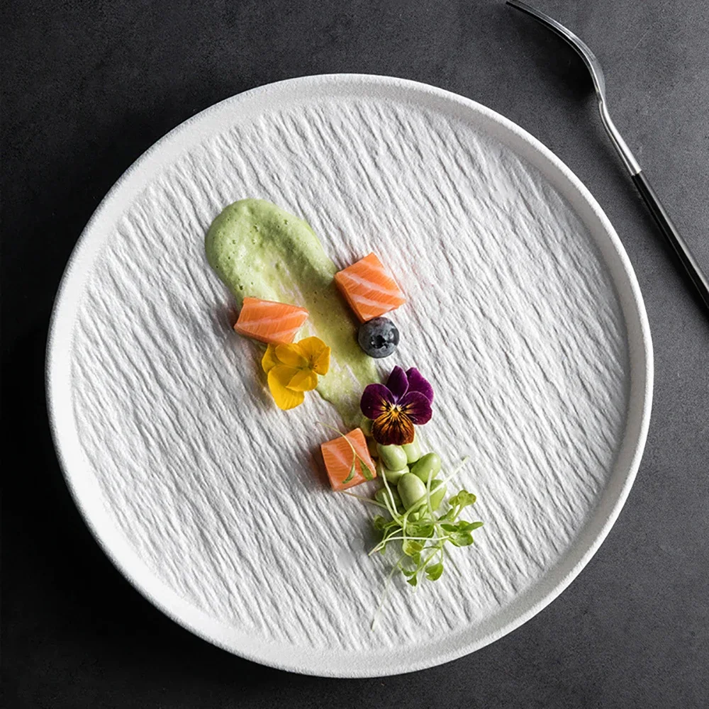 White Black Stone Texture Ceramic Dishes Porcelain Serving Plate Round Western Steak Tray Snack Cake Dessert Deep Dinner Plates