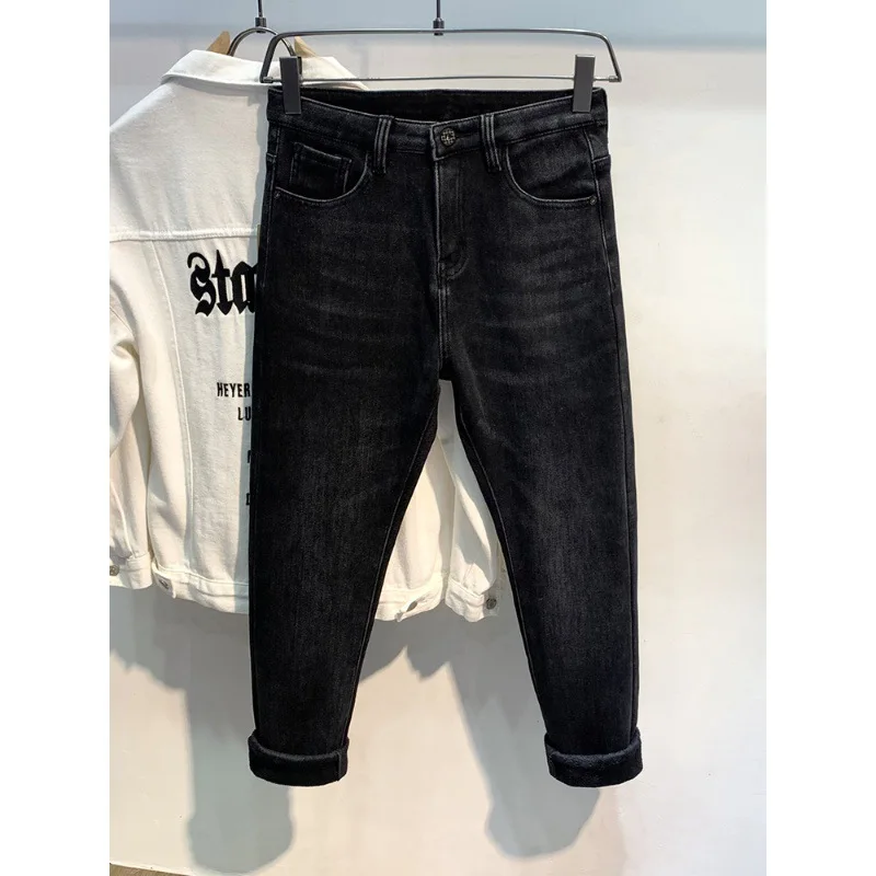 Pantalones vaqueros gruesos de terciopelo negro para hombre, jeans ajustados y cálidos que combinan con todo, moda de alta gama, invierno, nuevo