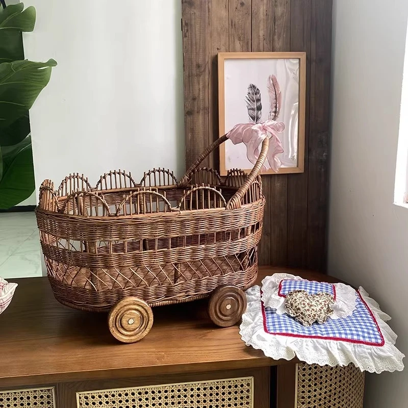 

4-Wheel Toy Storage Cart Natural Rattan Children's Wagon Multifunctional Kid Organizer with Handle Creative Storage Bin for Home