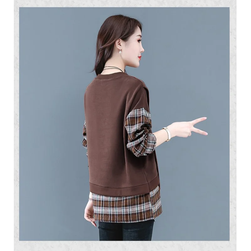 Fake Two-piece Pullover Sweatshirt Women in Spring and Autumn New Korean Style Plaid Casual Loose Base Shirt Women