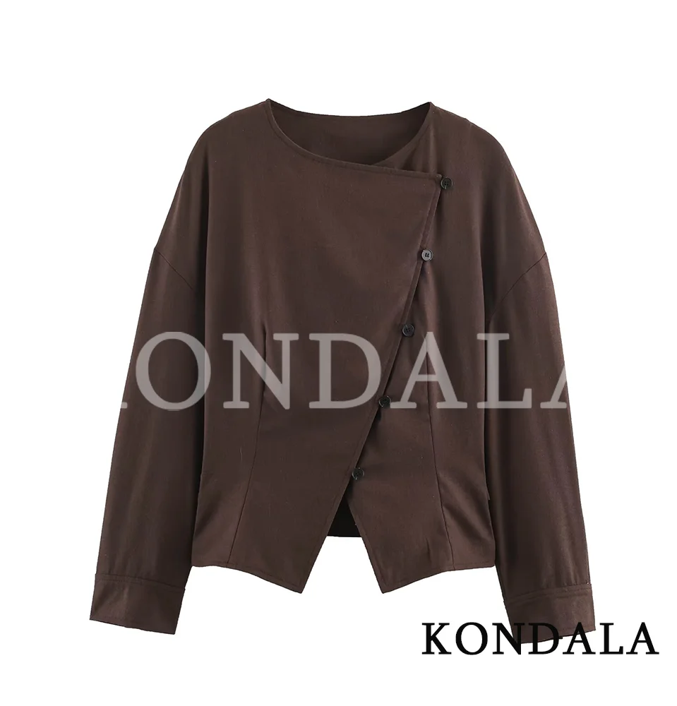 KONDALA Damen Vintage Casual Braune Jacke mit Asymmetrischen Knöpfen Elegante Pendlerjacke Mantel 2026 Frühling Trendige Schicke Damenjacke – Detail 2