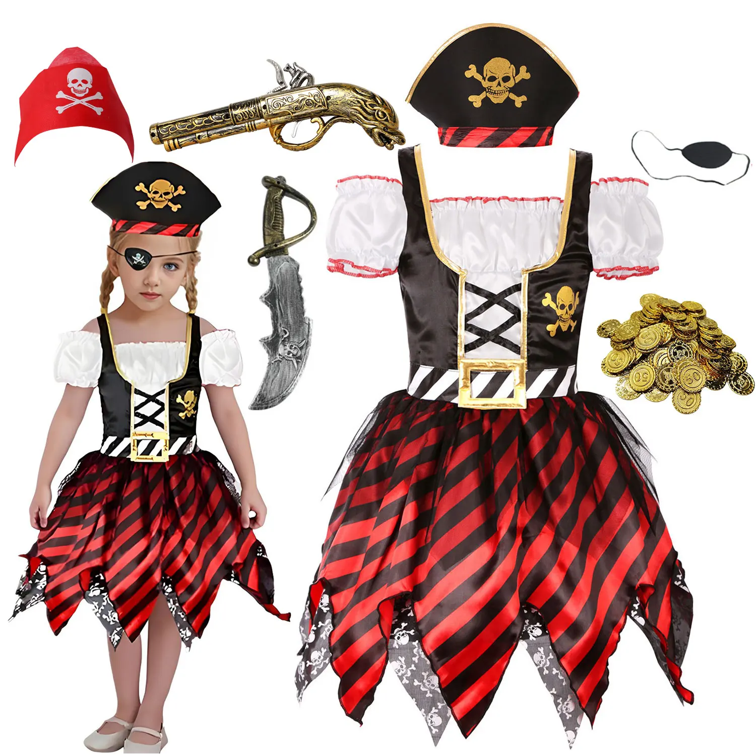 2026 Halloween Carnival Girl Cosplay Female Pirate Short Sleeve Cute Dress + Classic Pirate Pirate Sword Gun Accessories Set