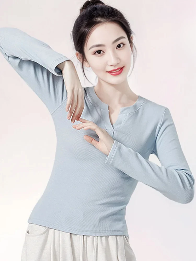 솔리드 컬러 V 넥 긴 소매 슬림 피트 탑 여성용, 현대 무용 훈련, 발레 연습, 무대 공연 착용