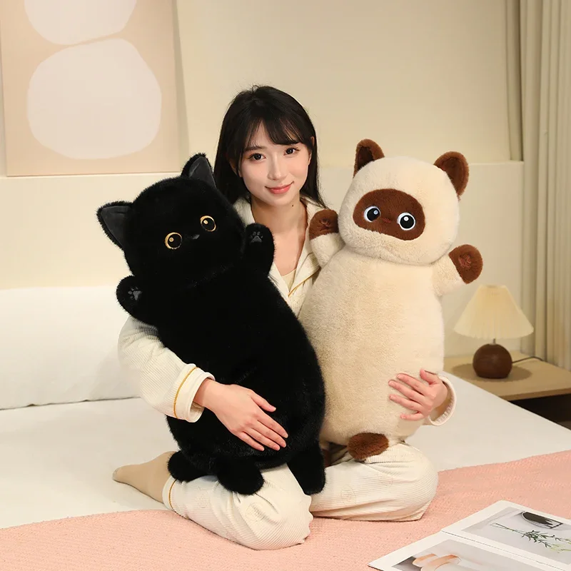 

65cm Soft Fluffy Cat Plush Pillow Cute Stuffed Animal Calico Black Siamese Plushies Cuddly Long Pillow Birthday Gift Home Decor