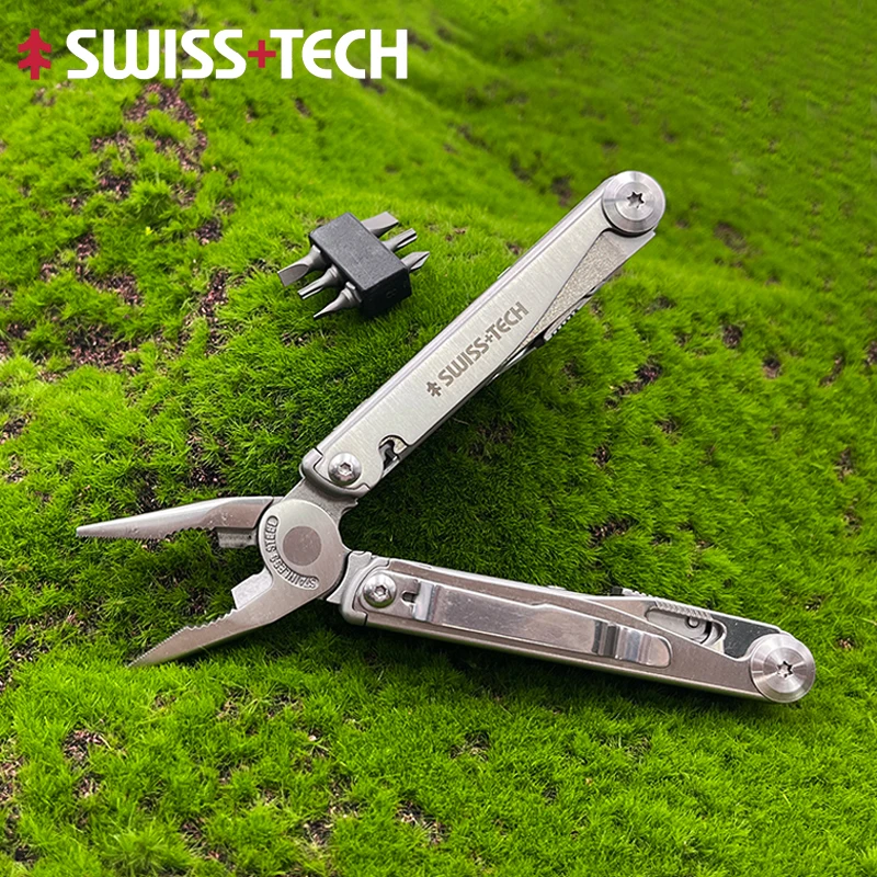 

SWISS TECH 18 in 1 Multitool Pliers Folding Multi Tool Pocket Knife Portable EDC Outdoor Survival Equipment with Bits Gift