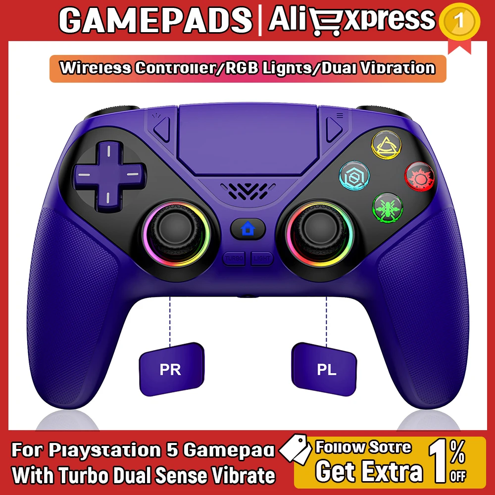 

Беспроводной контроллер, совместимый с PS5, игровой контроллер для консоли, геймпад с функцией Turbo, вибрацией и программированием Dual Sense.