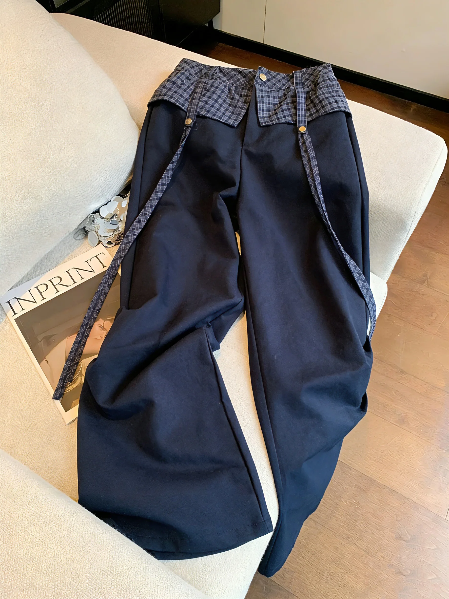 

High Waist Loose Casual Pants Korean Retro Deep Blue Patchwork Men Women Summer Fashion Versatile Wide Leg Pants