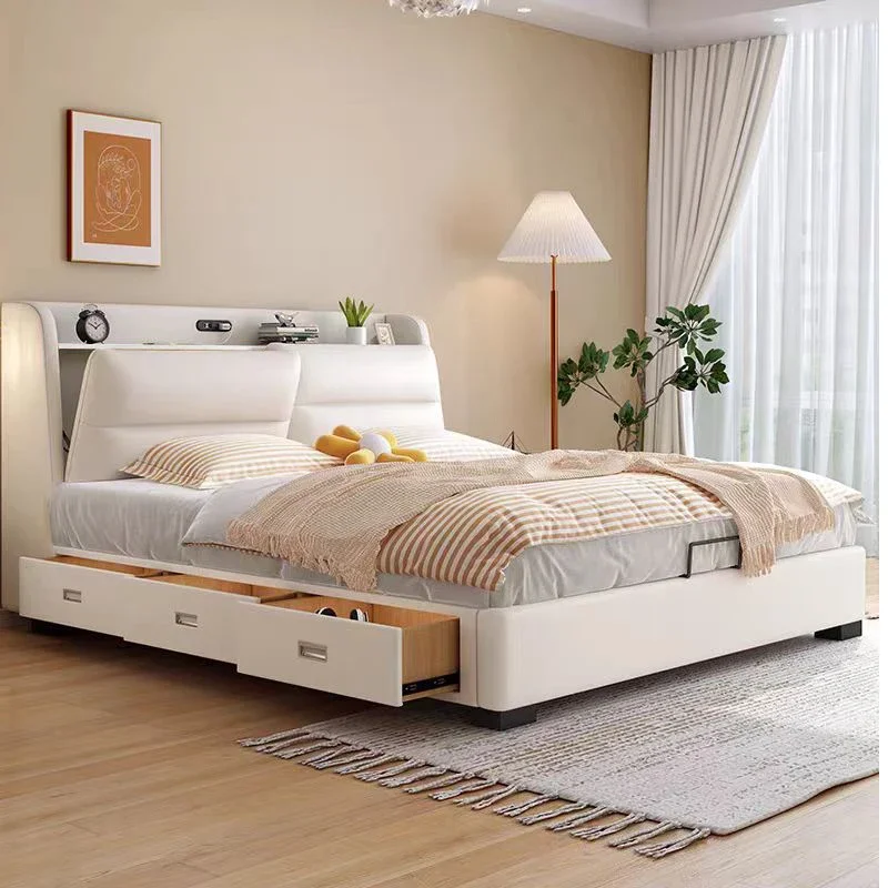 Cream Storage Bed Genuine Leather Multifunctional Modern High End Frame Bed Master Bedroom Lazy Confortable Muebles Furniture