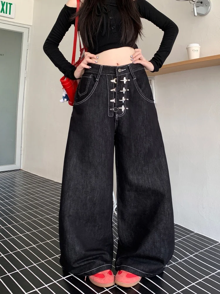 

2025 Панк Y2K Стиль Дизайн Пуговиц Черные Мешковатые Новые Джинсы Брюки Для Женщин Одежда Широкие Готические Женские Джинсовые Брюки Ropa Mujer
