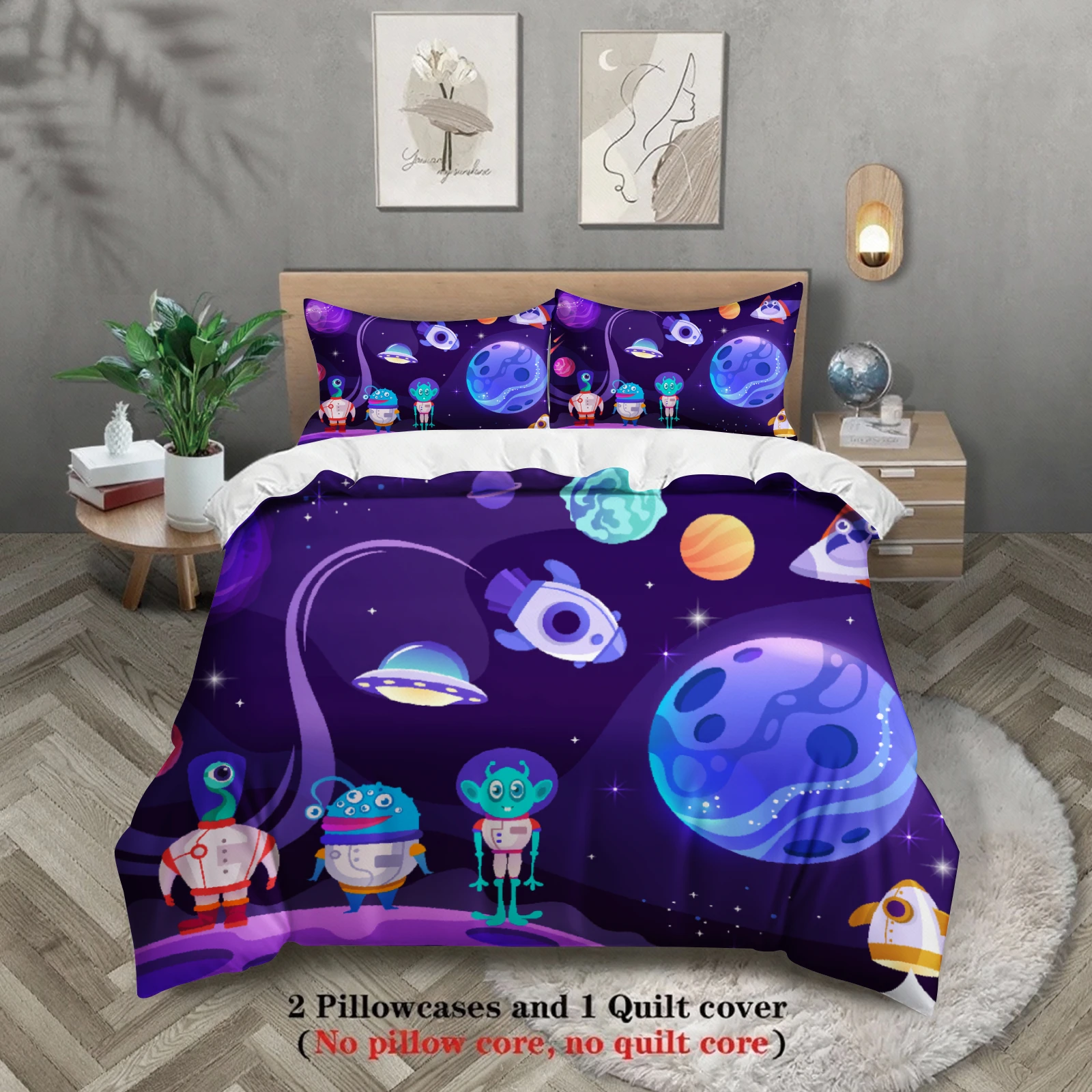 3pcs Space Galaxy Bedding Sets 3D Printed Cosmic Stars Planets Duvet Cover Sets With Pillowcases No Filling