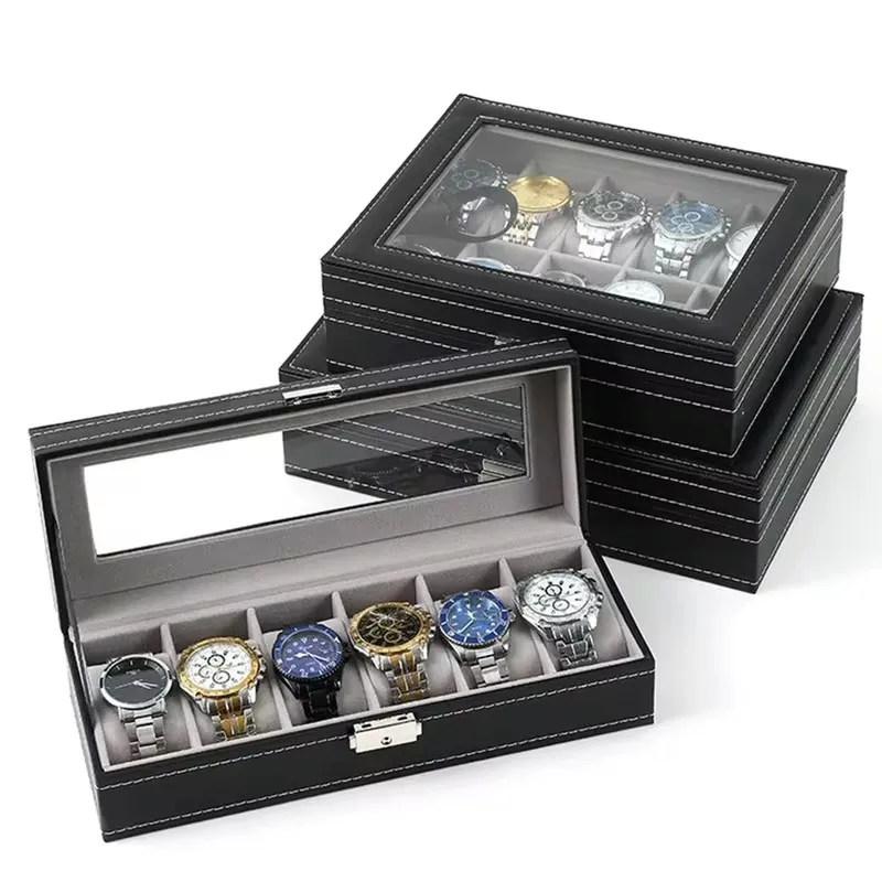 Organizador de exhibición de cuero sintético con tapa de cristal, caja de almacenamiento con múltiples compartimentos para relojes y joyas de hombre, disponible en tamaños de 2 a 12.