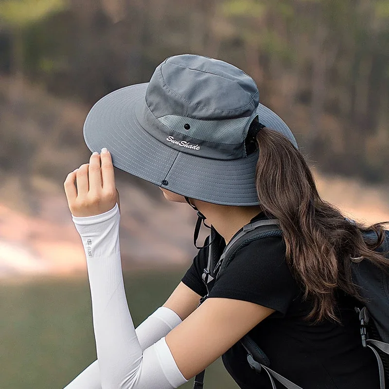 Women Ponytail Fisherman Hat Waterproof Sun Cap Pure Color Outdoor Travel Fishing Climbing Hiking Large Brim Bucket Hat Fashion