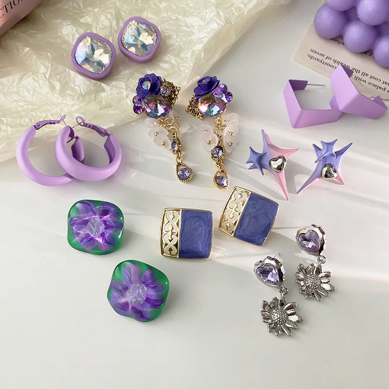 Purple Is Geometric Crystal Love Flowers Earring 2022 Trend New South Korea Fashionable Woman Jewelry Accessories