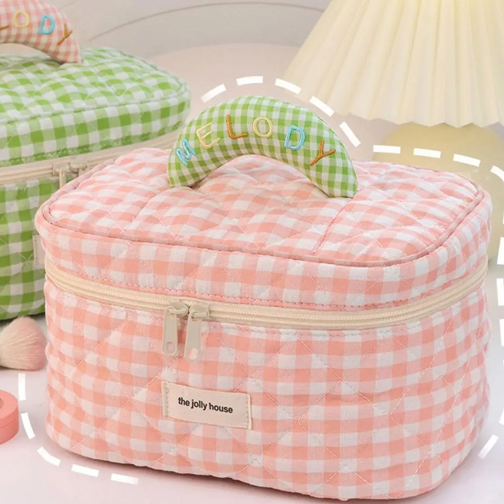 New Cute Lattice Cosmetic Bag Large Capacity High-Looking Waterproof Bags Makeup Organizer Tool Storage Practical Portable M3Q8