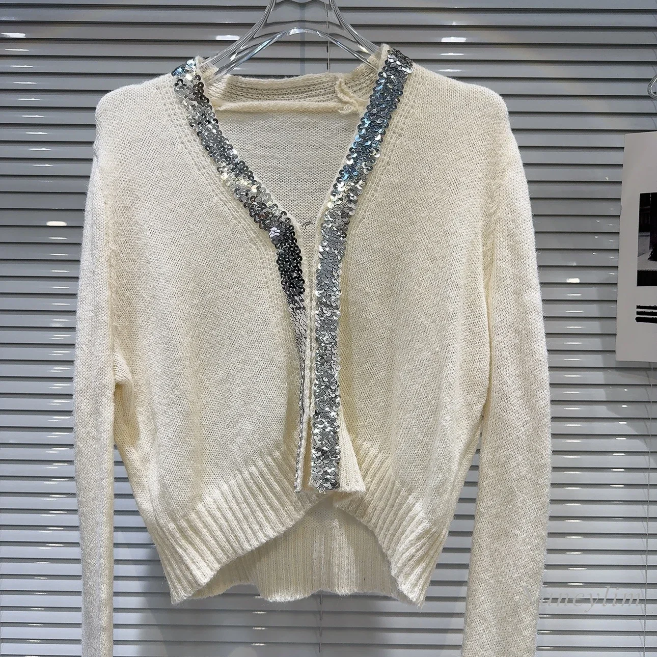 2024 Autumn New Silver Sequined Edge Design Candy Color Mohair Knitted Sweater Cardigan for Women