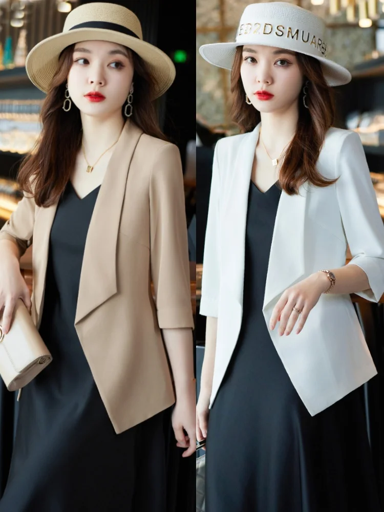 

Summer Thin Suit Jacket Women's Short Size Casual Mid-Sleeve Skirt Set Two-Piece Ladies' Classic Style Polyester Fabric