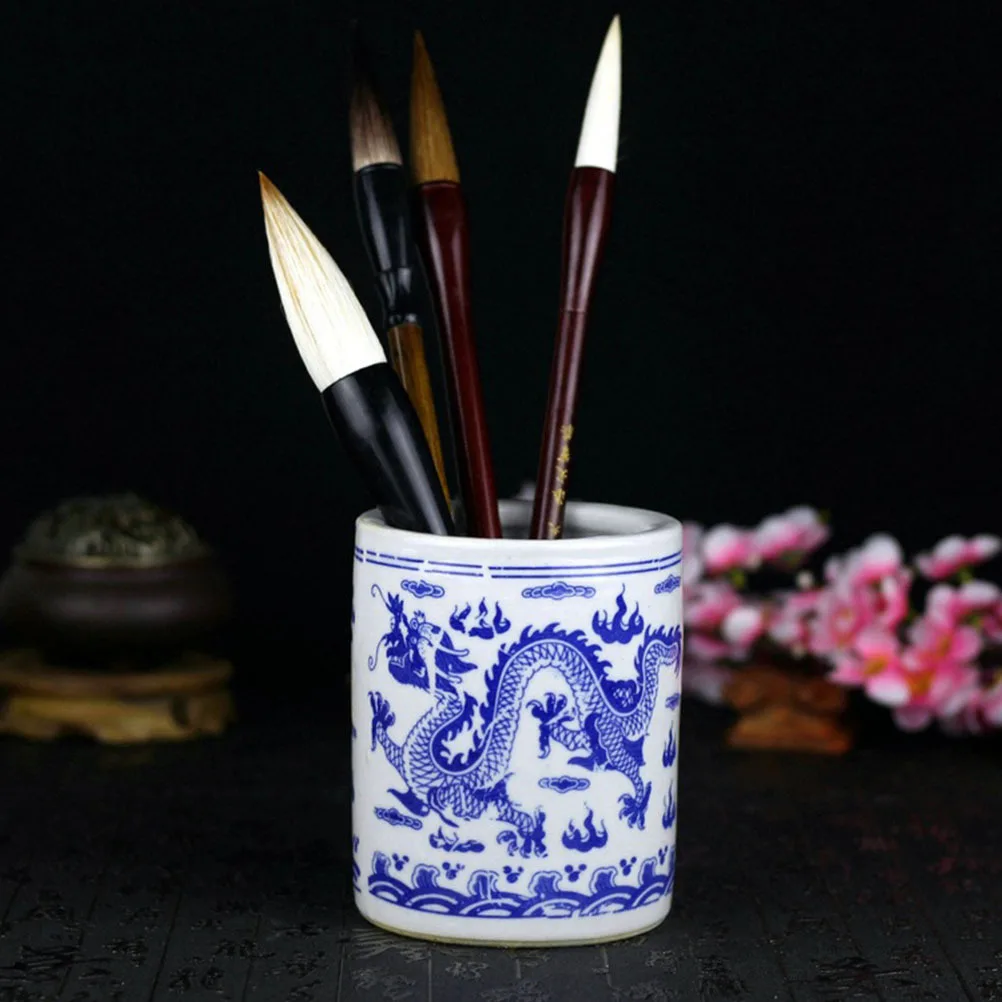 

1Pcs Celadon Porcelain Pen Holder Retro Ceramic Brush Holder Desktop Organizer Pen Storage Container Calligraphy Supply
