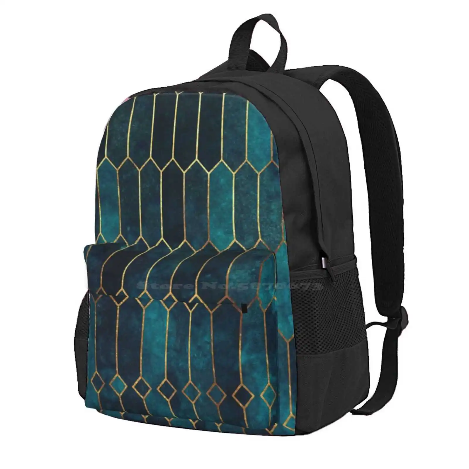 Deep Teal And Blue Gold Pattern Hot Sale Schoolbag Backpack Fashion Bags Teal Navy Ocean Sea Blue Stone Gold Modern Graphic