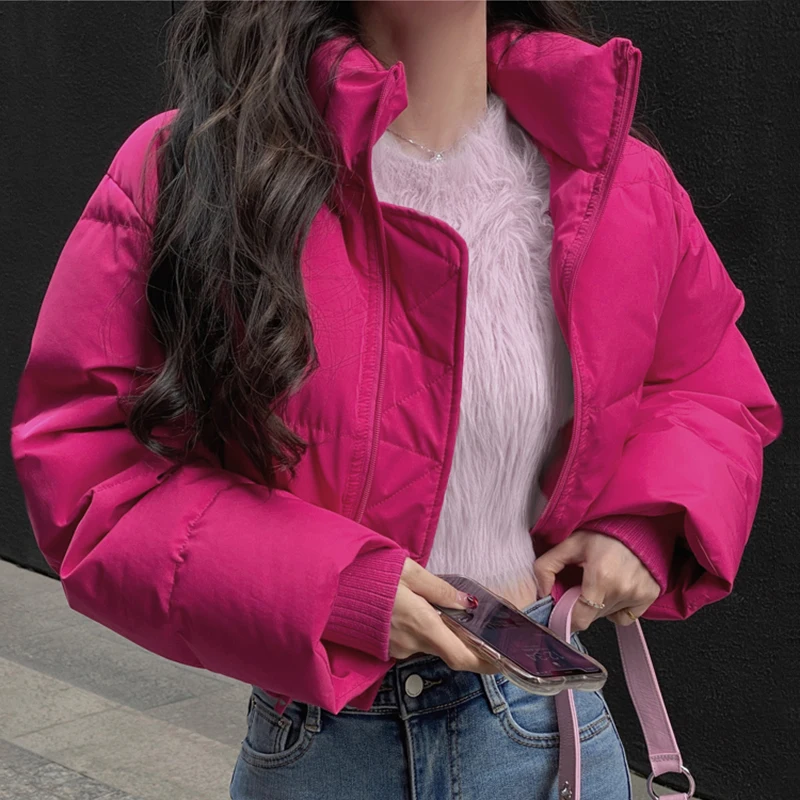 Women Thicken Red Cotton-padded Jacket Mock Neck Zipper Warm Down Coat Fall Winter Casual Loose Parkas Thermal Ladies Outerwear