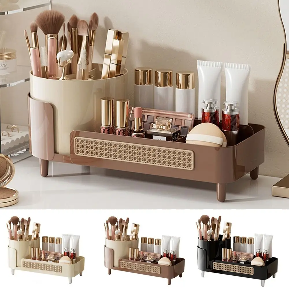 Plastic Rotatable Compartment Makeup Tube Beige Space Saving Cosmetics Storage Box Large Capacity Makeup Storage Organizer