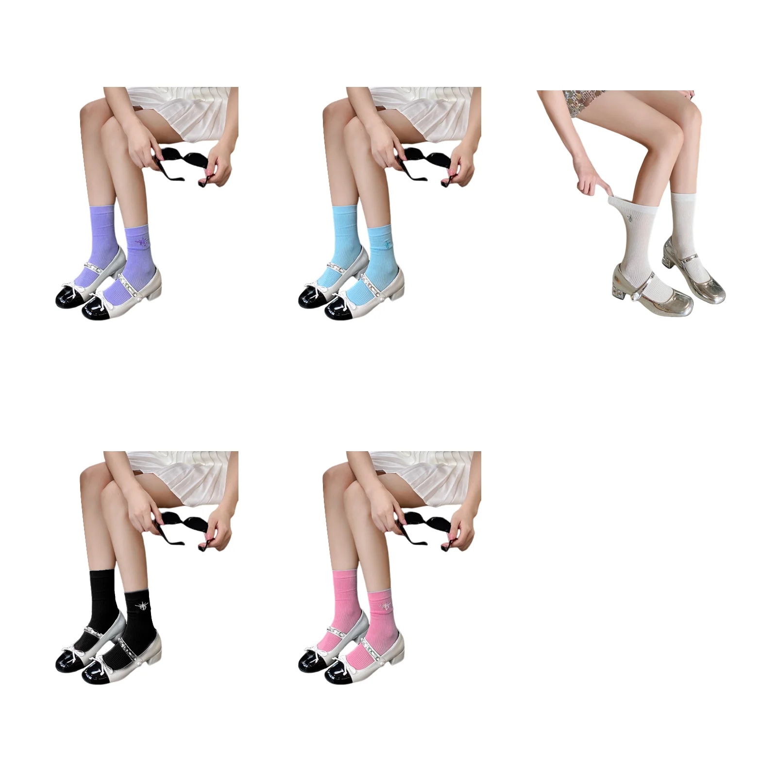 

Candy color mid-calf socks 5-color set: purple/sky blue/white/black/rose red