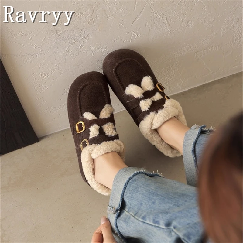 

Winter New Women Cow Suede Fur Snow Boots Round Toe Double Buckle Interior Height Increasing Casual Warm Shoes