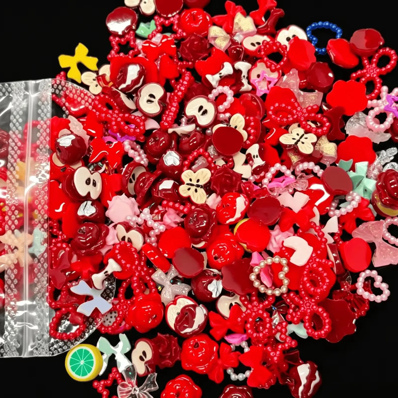 300PCS Red Apple Mixed Resin Nail Charms Fruit Bow Flower Flatback Slices DIY Manicure Phone Case Epoxy Craft Decorations