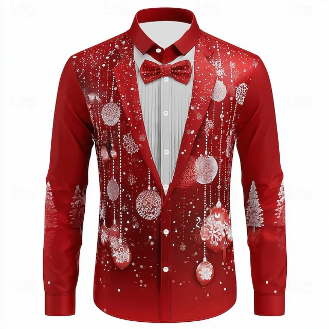 2026 New Christmas Men's Snowflake Tie Print Shirt Button Long Sleeve Festival Autumn and Winter Lapel Shirt Fast Shipping