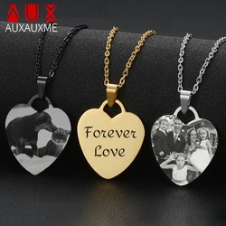 Auxauxme Engrave Photo Name Heart Pendant Necklace Custom Stainless Steel Laser Engraved Text Logol Choker Jewelry Gifts