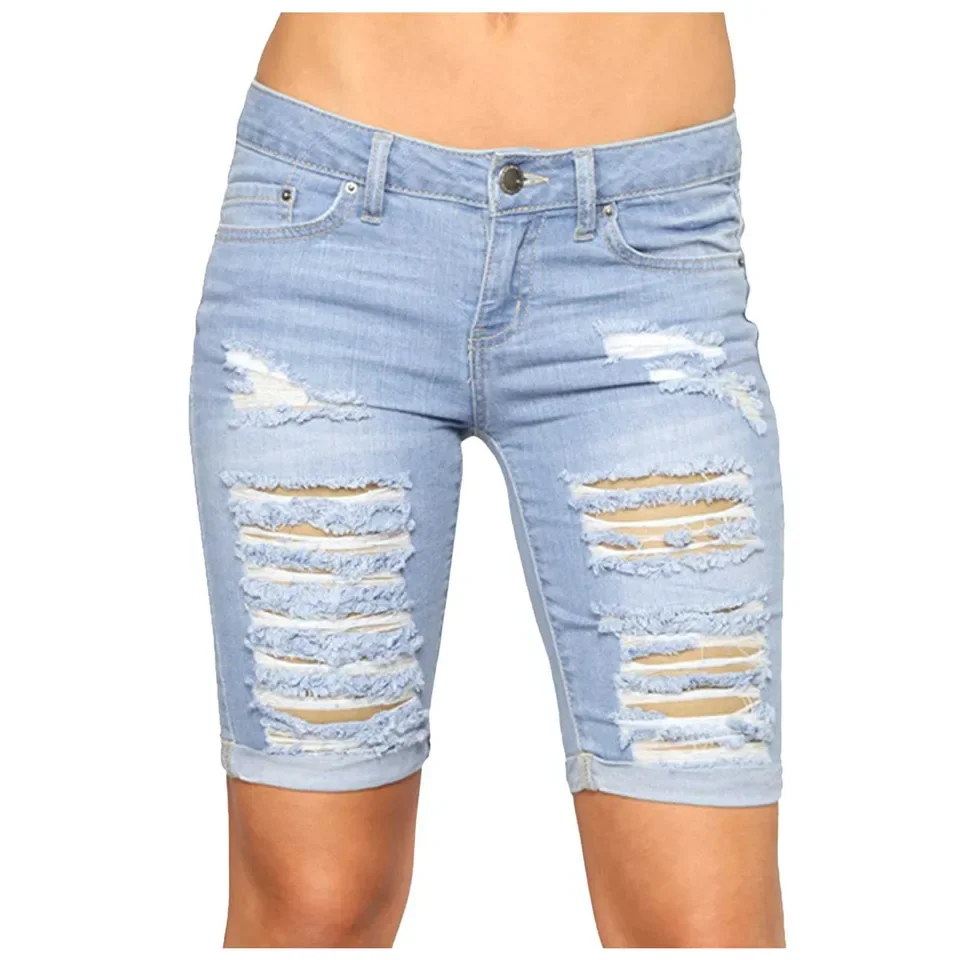 Versatile Daily Casual Stretch Work Pants Women'S Mid Rise Ripped Stretchy Jean Shorts Hem Casual Denim Shorts SuéTer Mujer