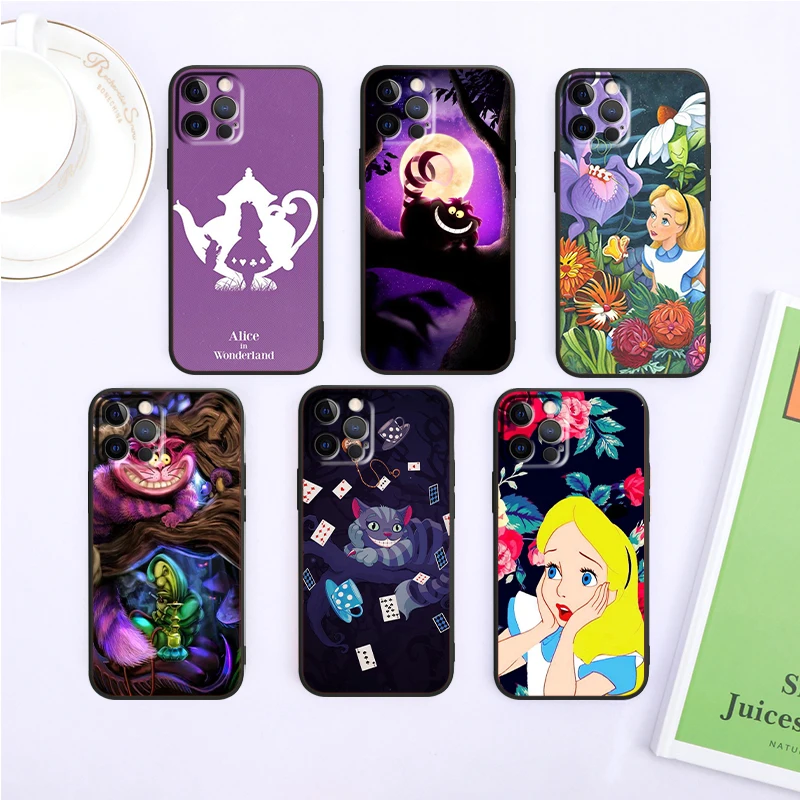 Disney Alice Cute Cartoon For Apple iPhone 16 15 14 13 12 11 XS XR X Pro Max Plus Mini Black Funda Phone Case