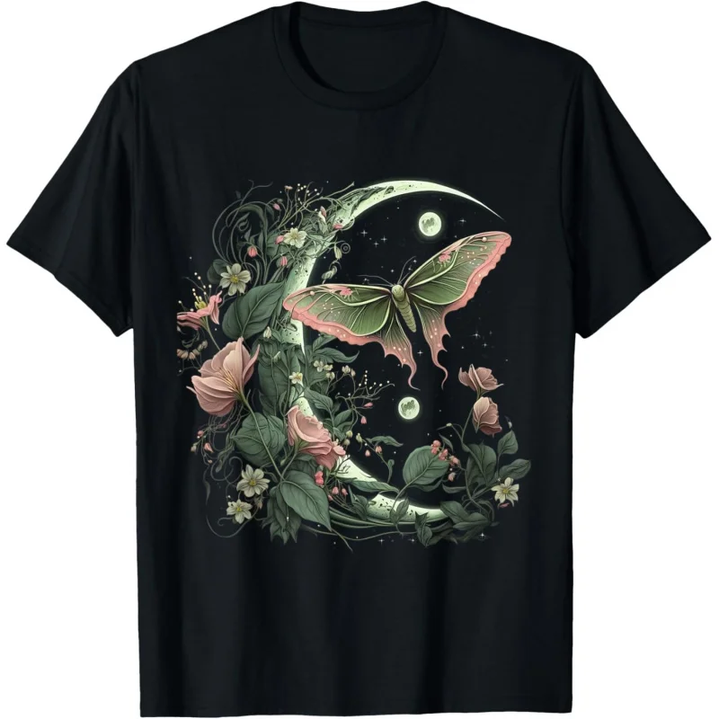 

goblincore Moth and Butterfly moonphases Flowers cottagecore Gift T-Shirt 100% cotton print Graphic clothes All size tops S-6XL