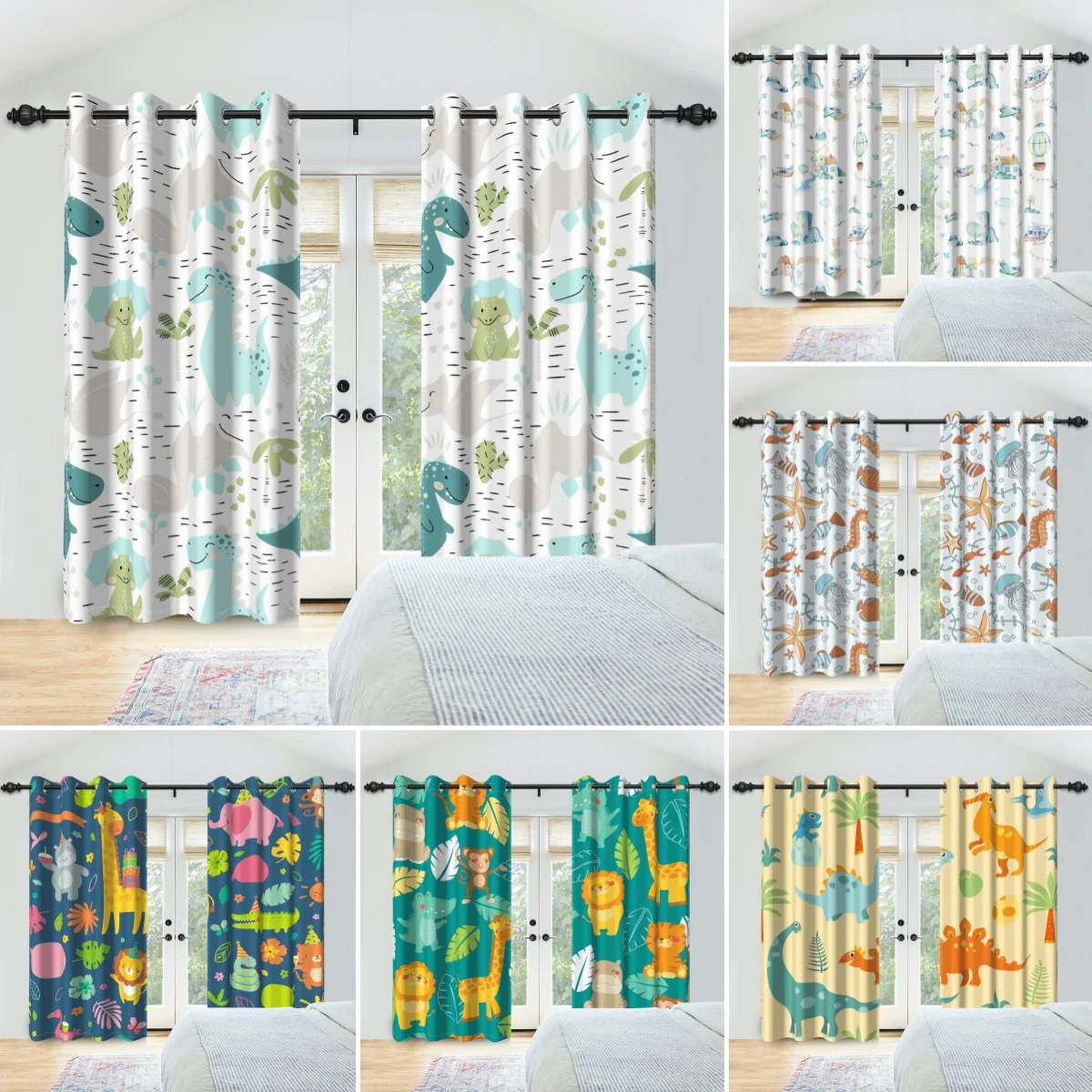 2pcs Animal Print Curtains Dinosaur Giraffe Lion Pattern Blackout Curtain Children Room Decoration Boys Girls Bedroom Curtains